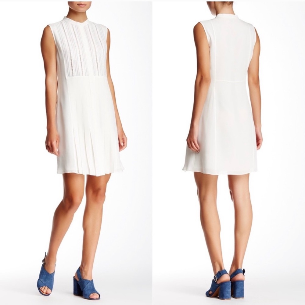 Vince White mesh lace yolk pleated silk dress sz4